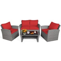 Tangkula 4 Pieces Patio Furniture Set, All Weather Outdoor Sectional Rattan Sofa Set With Cushions & Tempered Glass Table, Wicker Conversation Couch Set For Backyard Garden Poolside