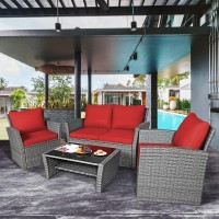 Tangkula 4 Pieces Patio Furniture Set, All Weather Outdoor Sectional Rattan Sofa Set With Cushions & Tempered Glass Table, Wicker Conversation Couch Set For Backyard Garden Poolside