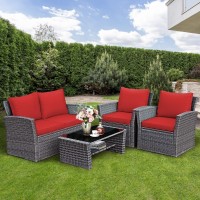 Tangkula 4 Pieces Patio Furniture Set, All Weather Outdoor Sectional Rattan Sofa Set With Cushions & Tempered Glass Table, Wicker Conversation Couch Set For Backyard Garden Poolside