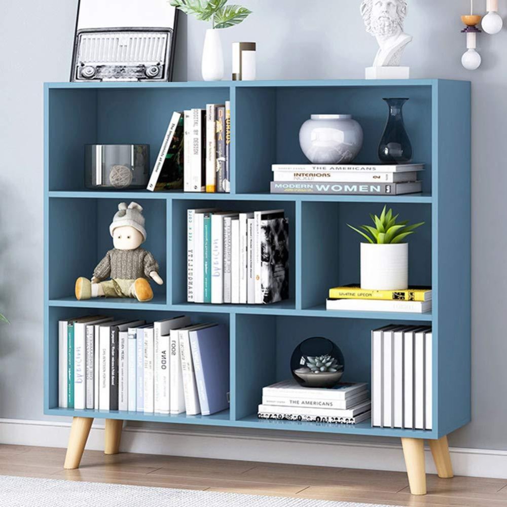 Iotxy Wooden Open Shelf Bookcase 3Tier Floor Standing Display Cabinet Rack With Legs 7 Cubes Bookshelf Bright Blue