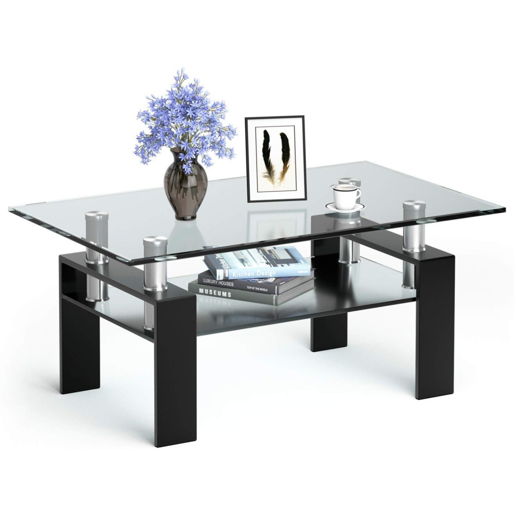 Tangkula Rectangular Glass Coffee Table, Modern Side Coffee Table W/Lower Shelf, Tempered Glass Tabletop & Metal Legs, Suitable For Living Room Office (Black)