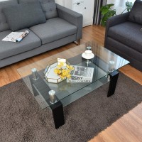 Tangkula Rectangular Glass Coffee Table, Modern Side Coffee Table W/Lower Shelf, Tempered Glass Tabletop & Metal Legs, Suitable For Living Room Office (Black)