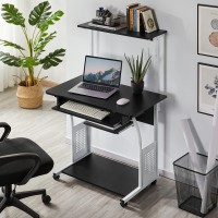Yaheetech 3 Tiers Mobile Computer Desk With Printer Shelf & Keyboard Tray Rolling Computer Desk For Small Spaces, Compact Study Desk Workstation With Wheels, Space Saving, Black