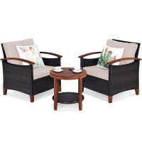 Tangkula 3 Pieces Patio Furniture Set, Outdoor Rattan Sofa And Side Table W/Solid Acacia Wood Frame, High Load Bearing Conversation Bistro Set W/Washable And Removable Cushions (Beige)