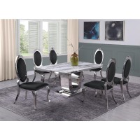 White Marble 7pc Set Stainless Steel Chairs in Black Velvet