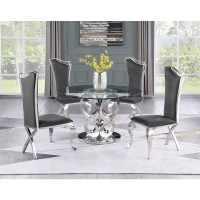 Round Style 5pc Glass Dining Set Stainless Steel Chairs in Dark Grey Velvet