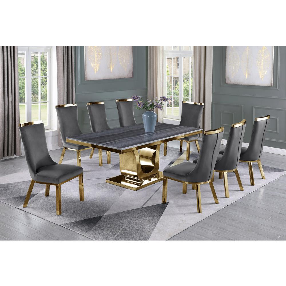 Dark Grey Marble 9pc Set Stainless Steel Chairs in Dark Grey Velvet