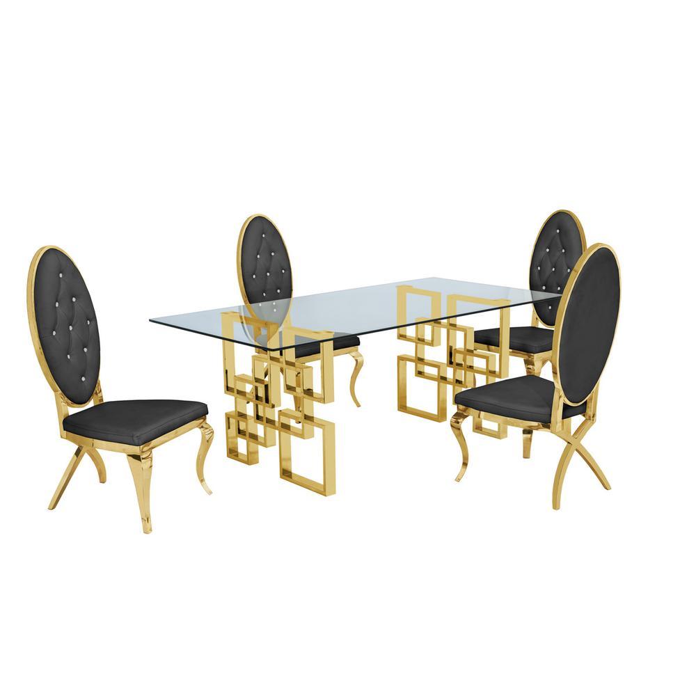 Classic 5 Piece Dining Set With Glass Table Top and Stainless Steel Legs w Tufted Faux Crystal Dark Grey