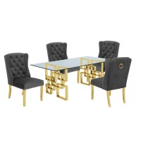 Classic 7 Piece Dining Set With Glass Table Top and Stainless Steel Legs with Ring Handle Dark Grey