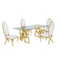 Classic 5 Piece Dining Set With Glass Table Top and Stainless Steel Legs w Tufted Faux Crystal White