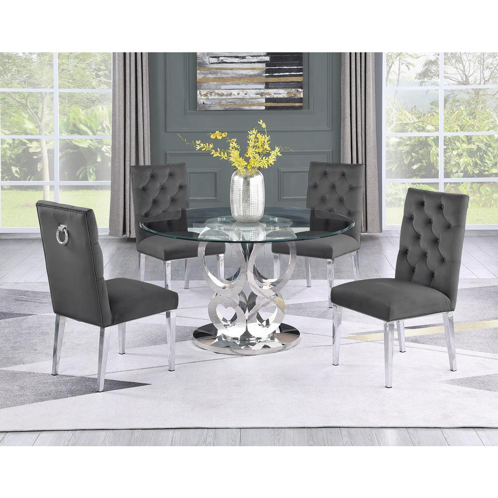 Round Style 5pc Glass Dining Set Ring Chairs in Dark Grey Velvet