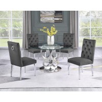 Round Style 5pc Glass Dining Set Ring Chairs in Dark Grey Velvet