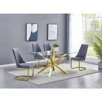 Rectangular Tempered Glass 5pc Gold Set Chrome Chairs in Dark Grey Velvet