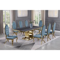 Dark Grey Marble 9pc Set Tufted Faux Crystal Chairs in Teal Velvet