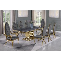 Dark Grey Marble 9pc Set Tufted Faux Crystal Chairs and Arm Chairs in Dark Grey Velvet