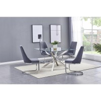 Square Tempered Glass 5pc Set Chrome Chairs in Dark Grey Velvet