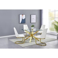 Square Tempered Glass 5pc Gold Set Chrome Chairs in White Faux Leather