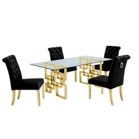 Classic 7 Piece Dining Set With Glass Table Top and Stainless Steel Legs wRing Handle Black