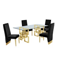 Classic 7 Piece Dining Set With Glass Table Top and Stainless Steel Legs wPleated Chairs Black