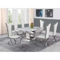 White Marble 7pc Set Highback Chairs in White Faux Leather