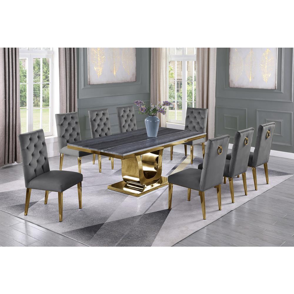 Dark Grey Marble 9pc Set Tufted Ring Chairs in Dark Grey Velvet