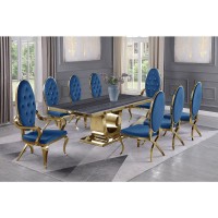 Dark Grey Marble 9pc Set Tufted Faux Crystal Chairs and Arm Chairs in Navy Blue Velvet