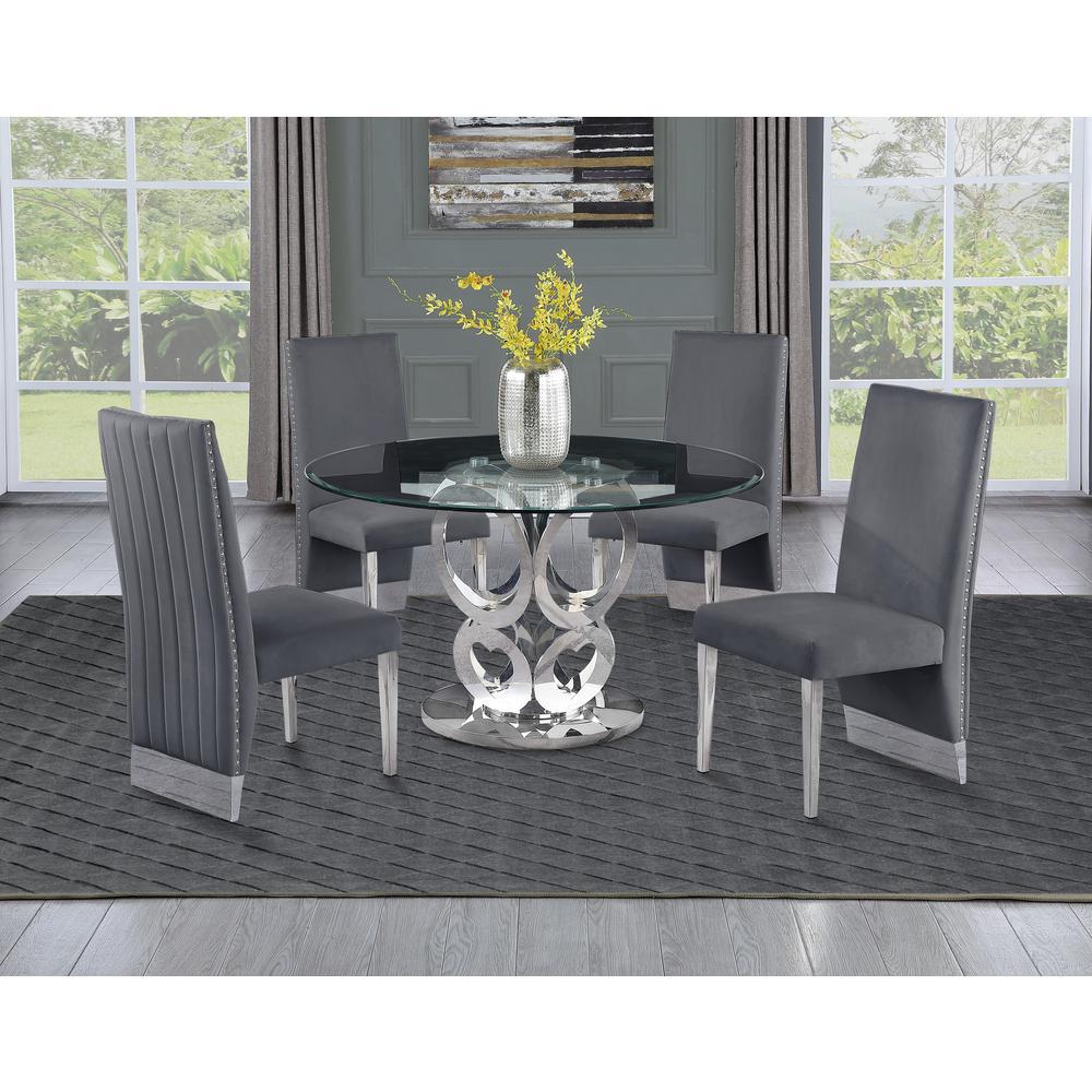 Round Style 5pc Glass Dining Set Pleated Chairs in Dark Grey Velvet