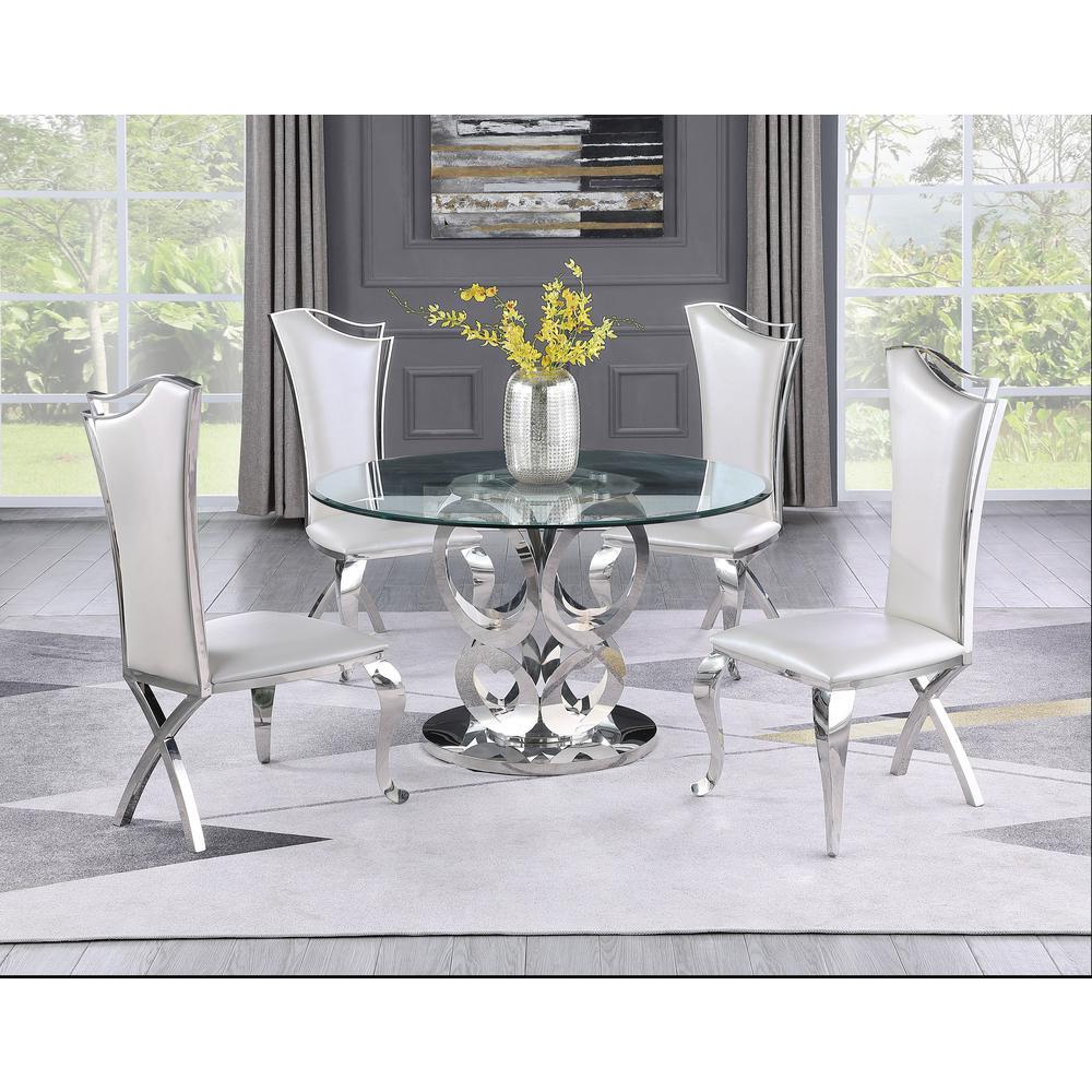 Round Style 5pc Glass Dining Set Stainless Steel Chairs in White Faux Leather