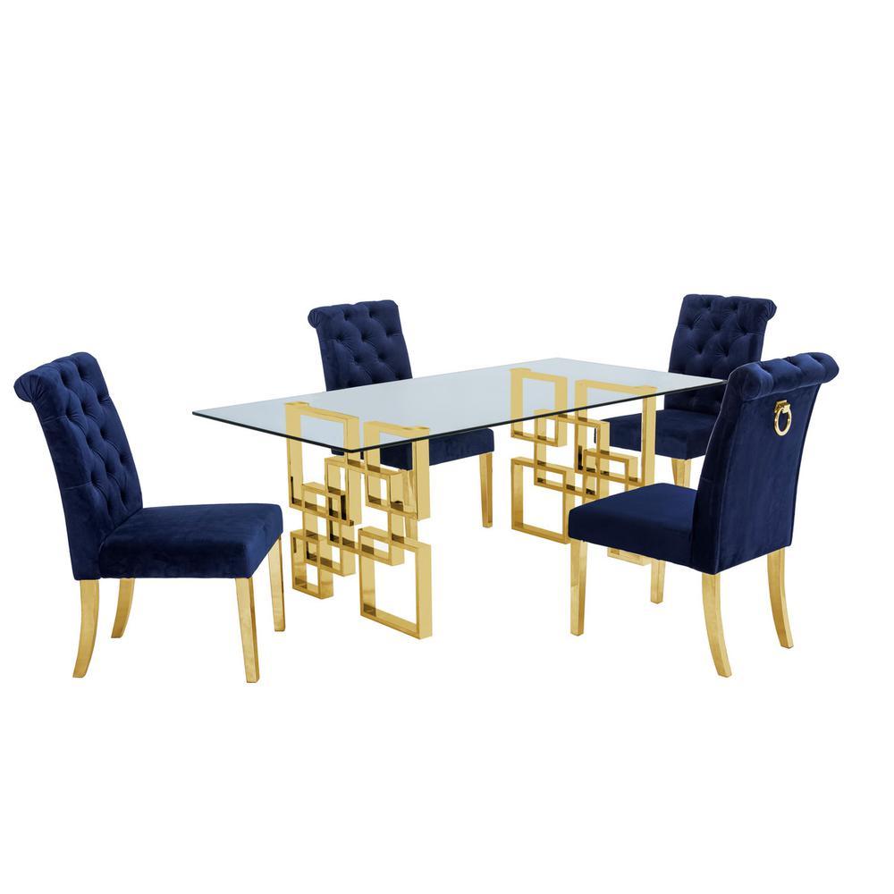 Classic 7 Piece Dining Set With Glass Table Top and Stainless Steel Legs wRing Handle Navy Blue