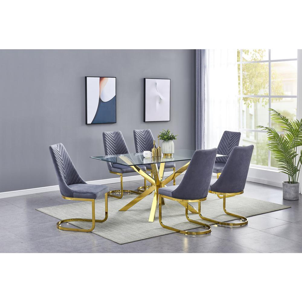 Rectangular Tempered Glass 7pc Gold Set Chrome Chairs in Dark Grey Velvet