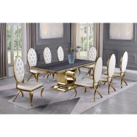 Dark Grey Marble 9pc Set Tufted Faux Crystal Chairs in White Faux Leather