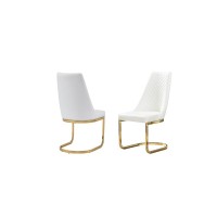 White Faux Leather Tufted Dining Side Chairs Chrome Gold Base Set of 2