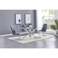 Rectangular Tempered Glass 5pc Set Chrome Chairs in Dark Grey Velvet