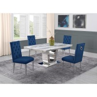 White Marble 5pc Set Ring Chairs in Navy Blue Velvet