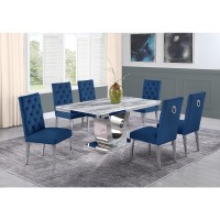 White Marble 7pc Set Ring Chairs in Navy Blue Velvet