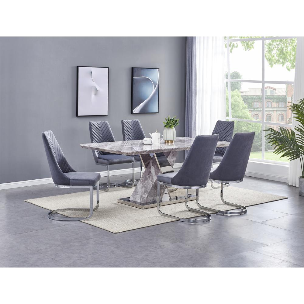 Faux Marble 7pc Set Chrome Chairs in Dark Grey Velvet