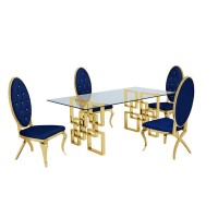 Classic 5 Piece Dining Set With Glass Table Top and Stainless Steel Legs w Tufted Faux Crystal Navy Blue