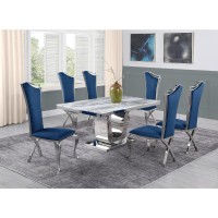 White Marble 7pc Set Highback Chairs in Navy Blue Velvet