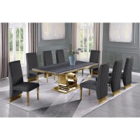 Dark Grey Marble 9pc Set Pleated Chairs in Dark Grey Velvet