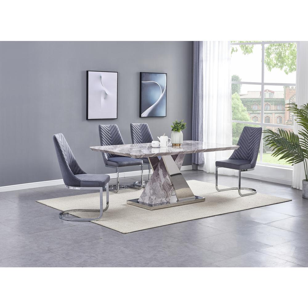 Faux Marble 5pc Set Chrome Chairs in Dark Grey Velvet