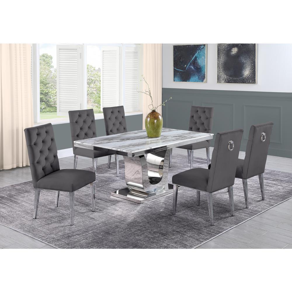 White Marble 7pc Set Ring Chairs in Dark Grey Velvet