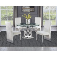 Round Style 5pc Glass Dining Set Pleated Chairs in Beige Velvet