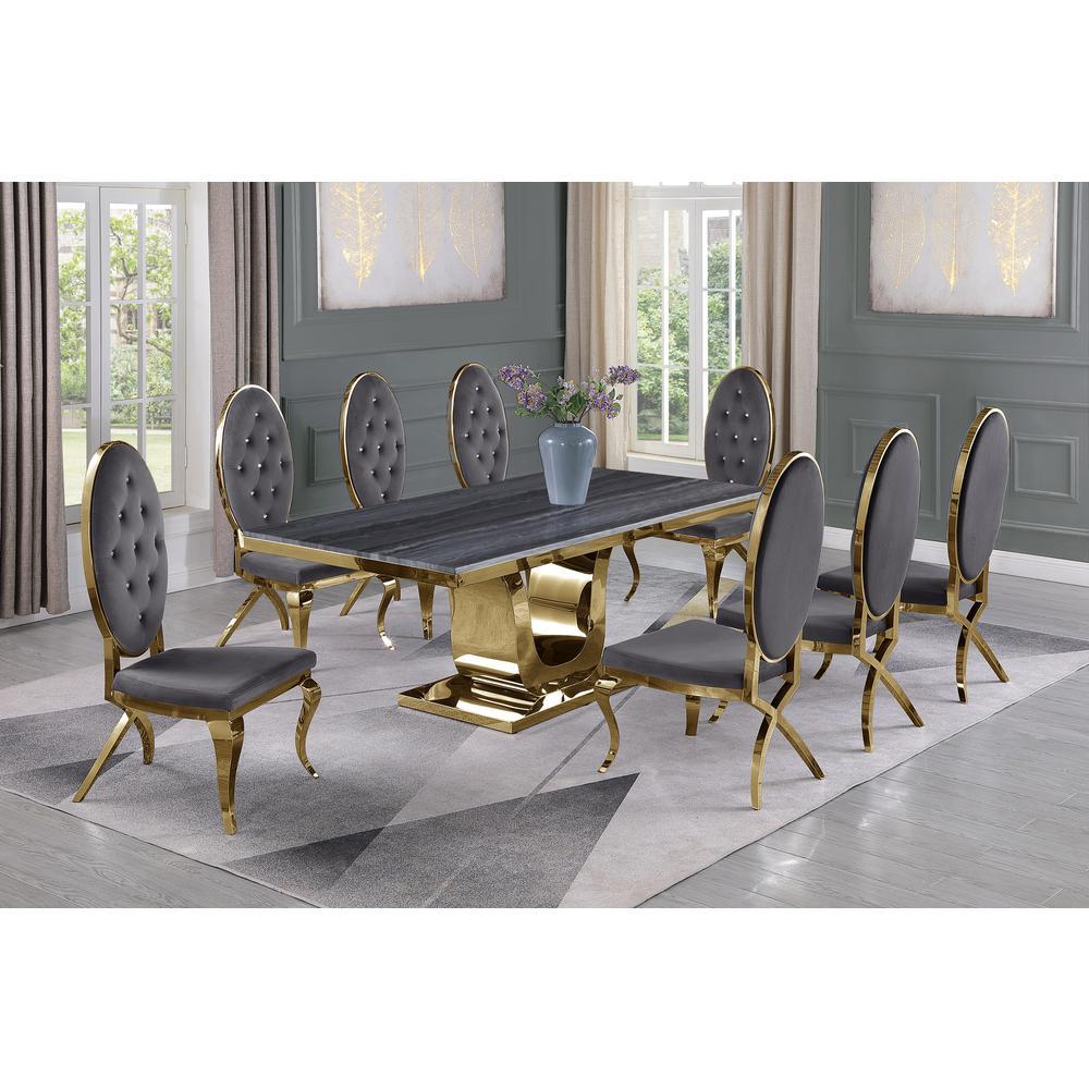 Dark Grey Marble 9pc Set Tufted Faux Crystal Chairs in Dark Grey Velvet