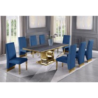 Dark Grey Marble 9pc Set Pleated Chairs in Navy Blue Velvet