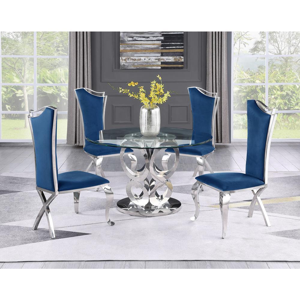 Round Style 5pc Glass Dining Set Stainless Steel Chairs in Navy Blue Velvet