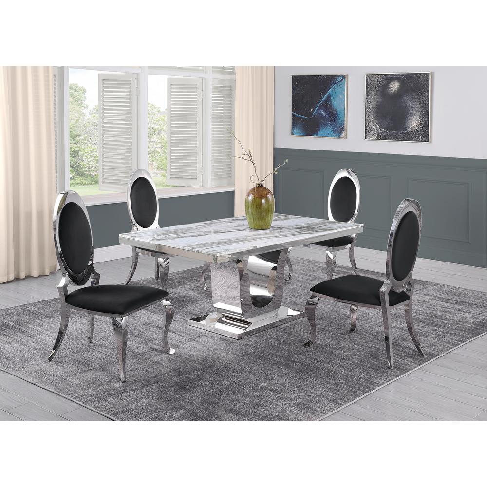 White Marble 5pc Set Stainless Steel Chairs in Black Velvet