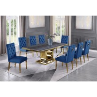 Dark Grey Marble 9pc Set Tufted Ring Chairs in Navy Blue Velvet