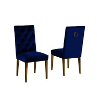 Dark Grey Marble 9pc Set Tufted Ring Chairs in Navy Blue Velvet