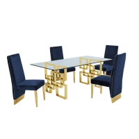 Classic 7 Piece Dining Set With Glass Table Top and Stainless Steel Legs wPleated Chairs Navy Blue