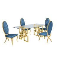 Classic 5 Piece Dining Set With Glass Table Top and Stainless Steel Legs w Tufted Faux Crystal Teal